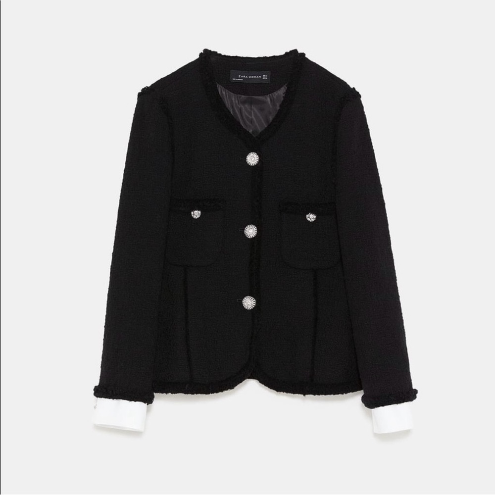 Zara Black Tweed Jacket with Contrasting Cuffs